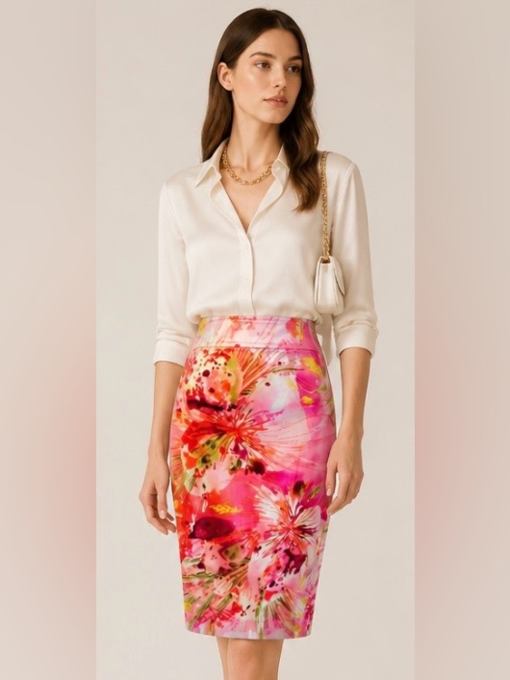 SUNNY LEIGH Pencil Skirt Floral Pleated Pink Colorful Career Casual Stretch 14